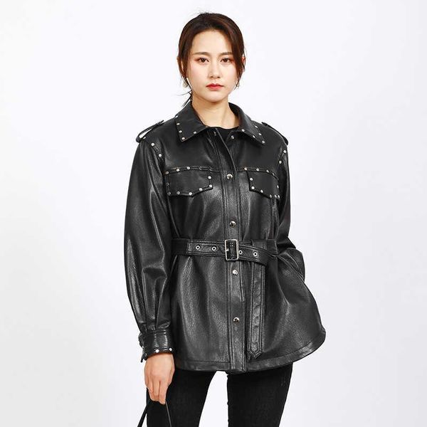 women's leather & faux 2021 spring designer sheepskin genuine loose coat c516, Black
women's leather & faux 2021 spring designer sheepskin genuine loose coat c516, Black