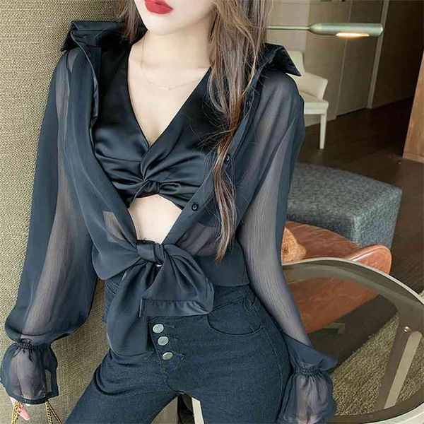 spring women see through blouse black chiffon transparent fashion flare sleeve and vest two piece set 210519, White
spring women see through blouse black chiffon transparent fashion flare sleeve and vest two piece set 210519, White