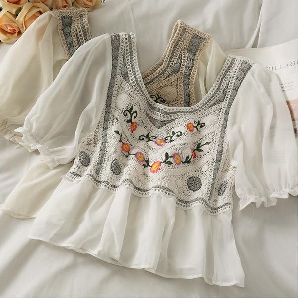 women's t-shirt retro contrast stitching hollow embroidered chiffon shirt bubble sleeves short t, White
women's t-shirt retro contrast stitching hollow embroidered chiffon shirt bubble sleeves short t, White