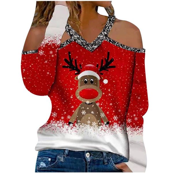 women's t-shirt autumn hollow out off shoulder print v-neck long sleeve christmas party casual loose female clothes, White
women's t-shirt autumn hollow out off shoulder print v-neck long sleeve christmas party casual loose female clothes, White