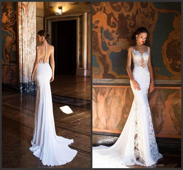 2021 milla nova mermaid wedding dresses sheer neck open back full lace appliques dress beach bridal gowns 392, White
2021 milla nova mermaid wedding dresses sheer neck open back full lace appliques dress beach bridal gowns 392, White