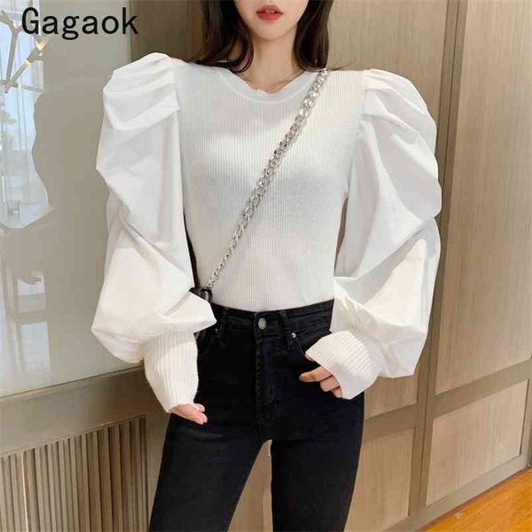 women high street knitted sweater spring autumn solid puff sleeve o-neck slim chic wild fashion korean pullover 210531, White;black
women high street knitted sweater spring autumn solid puff sleeve o-neck slim chic wild fashion korean pullover 210531, White;black