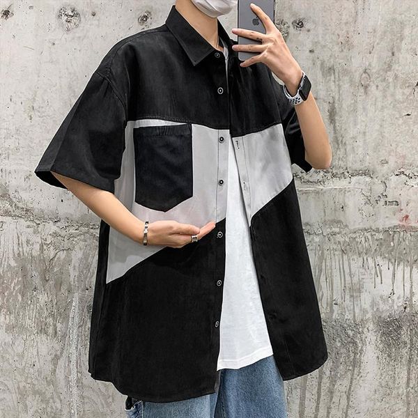 men's casual shirts summer 2021 men loose mens shirt patchwork short sleeve man, White;black
men's casual shirts summer 2021 men loose mens shirt patchwork short sleeve man, White;black
