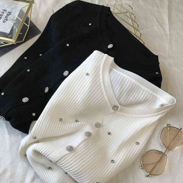 black and white knitted women sweater cardigan womens spring slim bottomed heavy industry diamond inlaid top, White;black
black and white knitted women sweater cardigan womens spring slim bottomed heavy industry diamond inlaid top, White;black