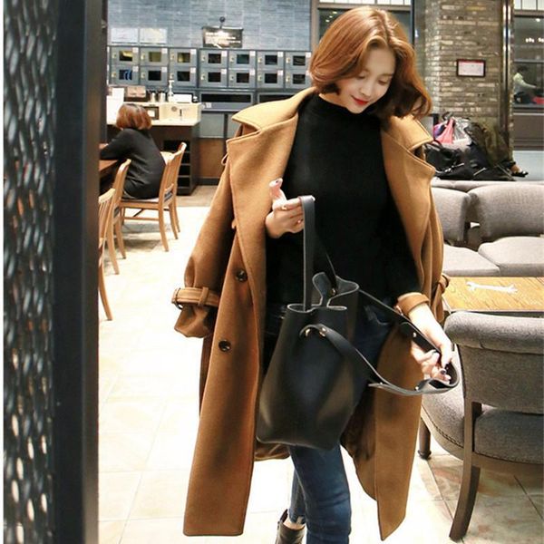 women's wool & blends korean and japaness style autumn winter lapel collar double breasted woolen overcoat, Black
women's wool & blends korean and japaness style autumn winter lapel collar double breasted woolen overcoat, Black