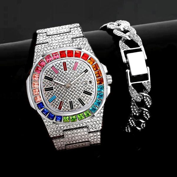 wristwatches 2pcs bracelet + watches for men women luxury iced out watch gold cuban chain quartz mens gift set relogio masculino, Slivery;brown
wristwatches 2pcs bracelet + watches for men women luxury iced out watch gold cuban chain quartz mens gift set relogio masculino, Slivery;brown