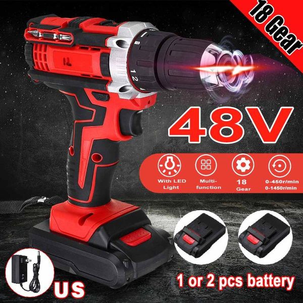 professiona electric drills cordless drill 3 in 1 screwdriver hammer 48v dual speed with 2 battery