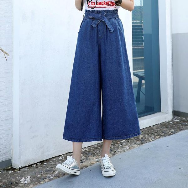 women's jeans summer female loose wide leg pants elastic waist with belt bow lacing plus size women denim trousers empire vintage, Blue
women's jeans summer female loose wide leg pants elastic waist with belt bow lacing plus size women denim trousers empire vintage, Blue