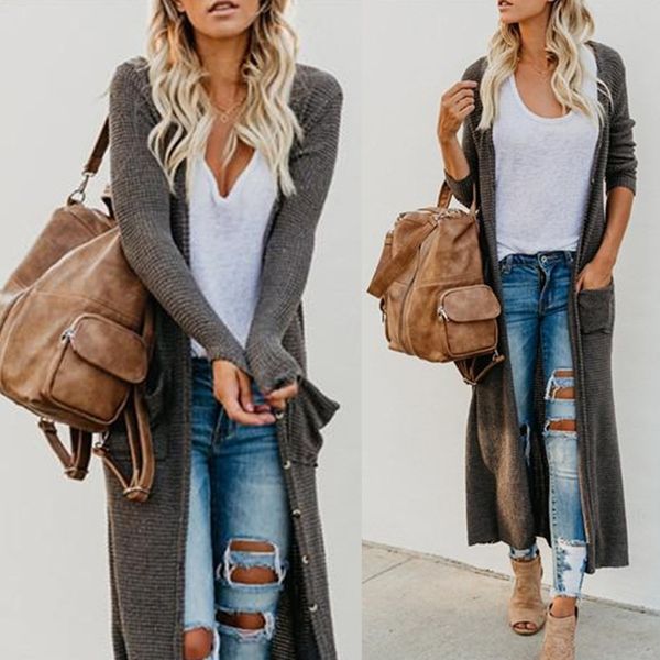 autumn winter thin long cardigan women sleeve mujer button up pockets oversized knitted s sweater 210603, White