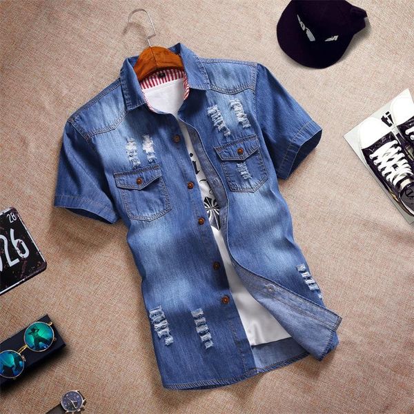 men's casual shirts 2021 summer denim short sleeve shirt hole korean slim gown for men harajuku, White;black
men's casual shirts 2021 summer denim short sleeve shirt hole korean slim gown for men harajuku, White;black