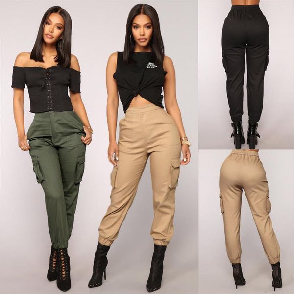 fashion stretch high waist women pant cargo khaki army green black casual long trousers, Black;white
fashion stretch high waist women pant cargo khaki army green black casual long trousers, Black;white