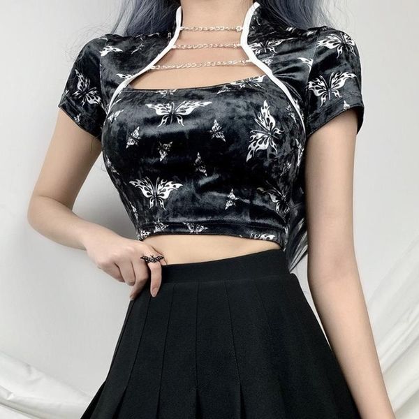 velvet short sleeve crop women hollow chain out slim elastic butterfly print vintage summer cheongsam cropped black women's t-shirt, White
velvet short sleeve crop women hollow chain out slim elastic butterfly print vintage summer cheongsam cropped black women's t-shirt, White