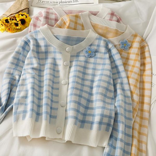 women's knits & tees sueters de mujer sweet autumn 3d flower blue plaid cardigan knitcoat o neck long sleeve knitted shirts japan styl, White
women's knits & tees sueters de mujer sweet autumn 3d flower blue plaid cardigan knitcoat o neck long sleeve knitted shirts japan styl, White