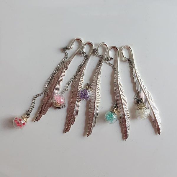 bookmark crystal ball pendant metal feather book page marker for reading