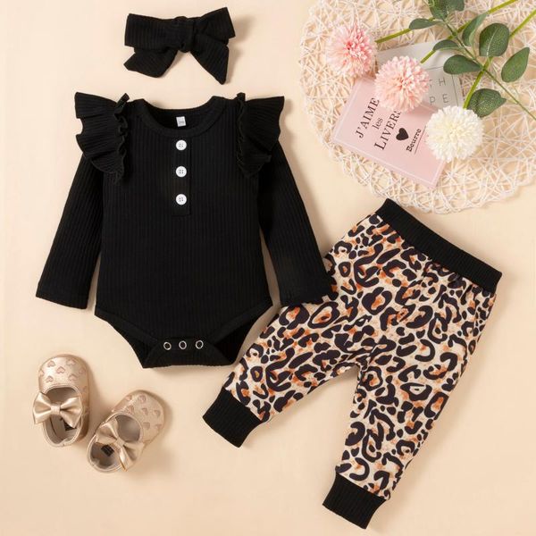 jumpsuits 3pcs toddler outfit, solid color ruffled long sleeve romper + leopard print pants headband for baby girls, 0-18 months, Blue
jumpsuits 3pcs toddler outfit, solid color ruffled long sleeve romper + leopard print pants headband for baby girls, 0-18 months, Blue