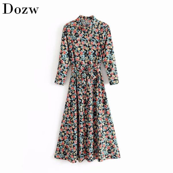 women vintage chic floral print dress three quarter sleeve sashes long party dress casual turn down collar ladies shirt dresses 210414, Black;gray
women vintage chic floral print dress three quarter sleeve sashes long party dress casual turn down collar ladies shirt dresses 210414, Black;gray