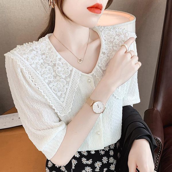 women's blouses & shirts pin bead shirt 2021 summer lace loose french baby collar cardigan looks thin, White
women's blouses & shirts pin bead shirt 2021 summer lace loose french baby collar cardigan looks thin, White