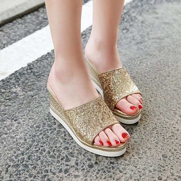 slippers pxelena wedge high heels platform women open toe bling sequined outdoor party date beach slides ladies shoes, Black
slippers pxelena wedge high heels platform women open toe bling sequined outdoor party date beach slides ladies shoes, Black