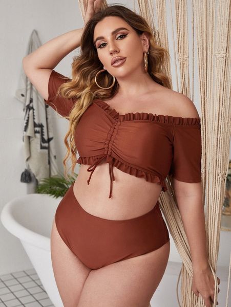 plus frill trim drawstring front bardot bikini swimsuit c4je#, Black
plus frill trim drawstring front bardot bikini swimsuit c4je#, Black