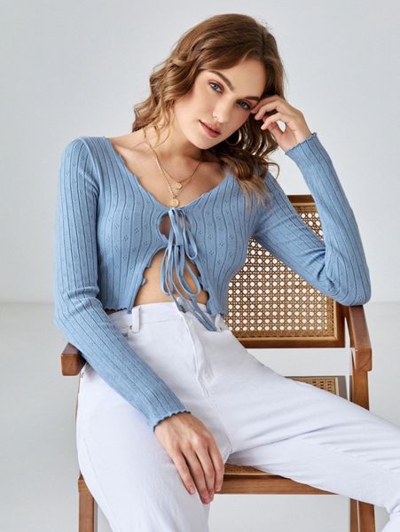 tie front pointelle knit cardigan i8dy#, White 
tie front pointelle knit cardigan i8dy#, White