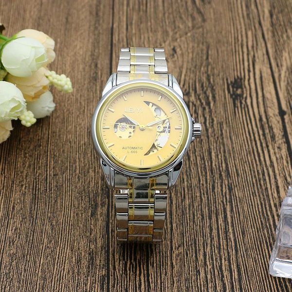 double sided hollow mechanical watch with steel belt for men's leisure, Slivery;brown
double sided hollow mechanical watch with steel belt for men's leisure, Slivery;brown