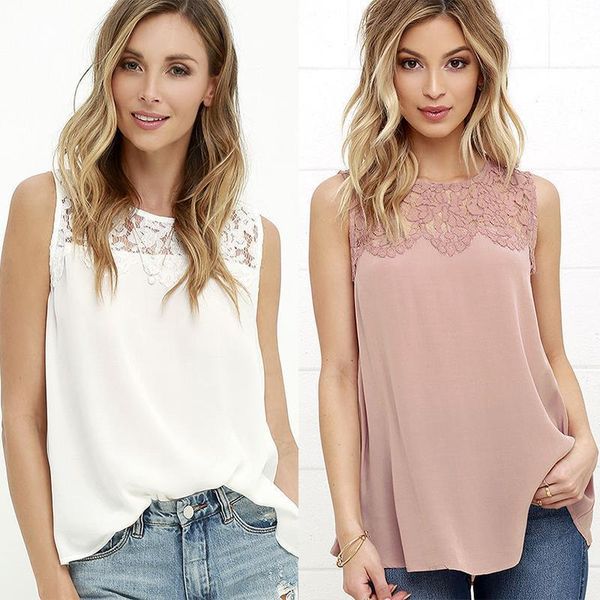 women blouses summer fashion casual loose large size solid lace stitching round neck sleeveless hollow out chiffon shirt, White
women blouses summer fashion casual loose large size solid lace stitching round neck sleeveless hollow out chiffon shirt, White