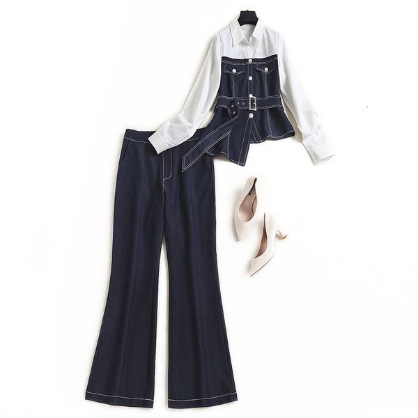 short elegant designers women's clothes two pieces spring lady from the office denim blouse and jeans suit suits, White;black
short elegant designers women's clothes two pieces spring lady from the office denim blouse and jeans suit suits, White;black