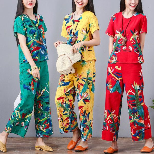 women's tracksuits large size ethnic style cotton and linen summer retro round neck printing shirt wide-leg pants fashion two-piece, Gray
women's tracksuits large size ethnic style cotton and linen summer retro round neck printing shirt wide-leg pants fashion two-piece, Gray