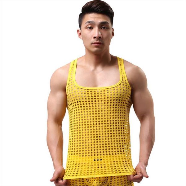 men tank summer hollow mesh sleeveless gay sheer vest casual see through clothing, White;black
men tank summer hollow mesh sleeveless gay sheer vest casual see through clothing, White;black