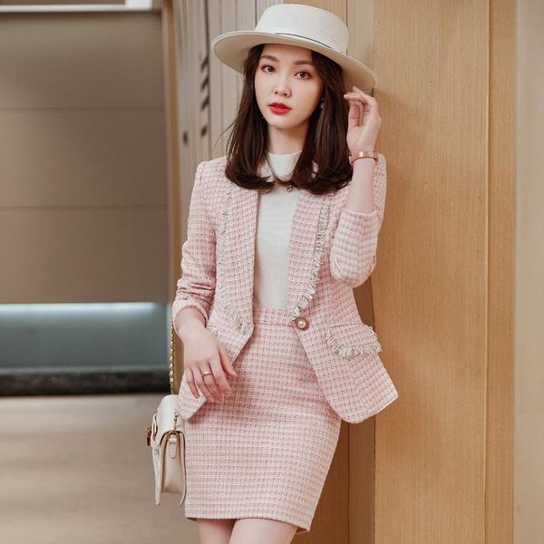 two piece dress fall winter casual pink blazer women suits jacket sets work wear office uniform, White
two piece dress fall winter casual pink blazer women suits jacket sets work wear office uniform, White
