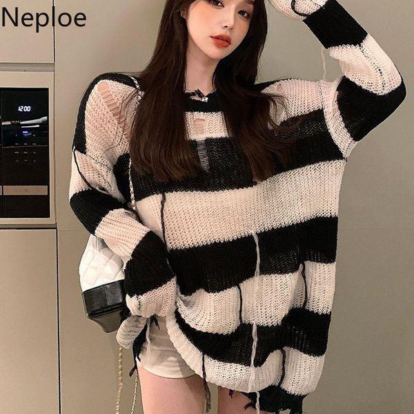 women's sweaters neploe ripped striped hollow out sweater coat 2021 autumn loose knitted oversized outside long-sleeve jumper, White;black
women's sweaters neploe ripped striped hollow out sweater coat 2021 autumn loose knitted oversized outside long-sleeve jumper, White;black