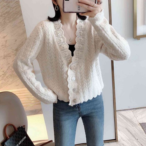 french simple style hollowed out v-neck with beaded fritillaria buckle lace long sleeve sweater coat women's cardigan top, White
french simple style hollowed out v-neck with beaded fritillaria buckle lace long sleeve sweater coat women's cardigan top, White