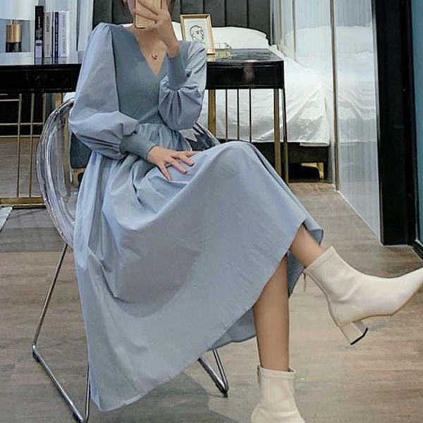 casual dres v-neck solid high waist with long sleeve mid-calf a-line fashion female clothing autumn 210604, Black;gray
casual dres v-neck solid high waist with long sleeve mid-calf a-line fashion female clothing autumn 210604, Black;gray