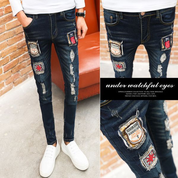 men's jeans fashion streetwear tight stretch ny jeans hombre men's hole patch personality feet trousers youth distressed pants o2, Blue
men's jeans fashion streetwear tight stretch ny jeans hombre men's hole patch personality feet trousers youth distressed pants o2, Blue