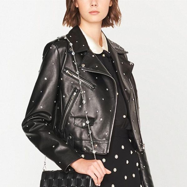 women's leather & faux quality genuine jacket ladies fashion rivet real sheepskin blazer, Black
women's leather & faux quality genuine jacket ladies fashion rivet real sheepskin blazer, Black