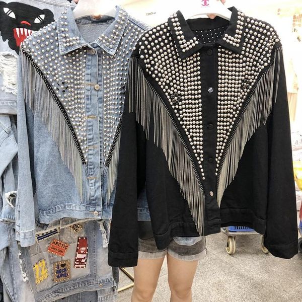 women's jackets autumn woman jacket denim coat loose heavy hand bead studded rivet chain tassel harajuku jeans femme, Black;brown
women's jackets autumn woman jacket denim coat loose heavy hand bead studded rivet chain tassel harajuku jeans femme, Black;brown