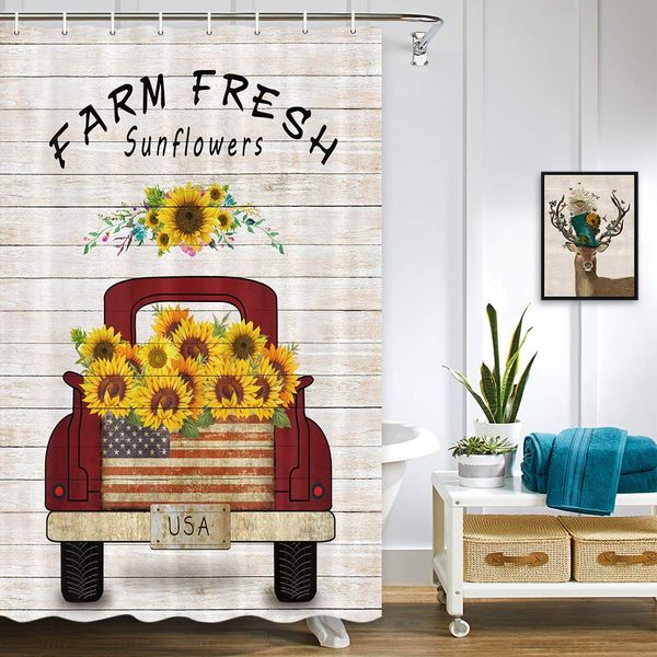 vintage farm truck sunflowers shower curtain, farmhouse red truck pull sunflowers on retro wooden bathroom curtains, polyester
vintage farm truck sunflowers shower curtain, farmhouse red truck pull sunflowers on retro wooden bathroom curtains, polyester