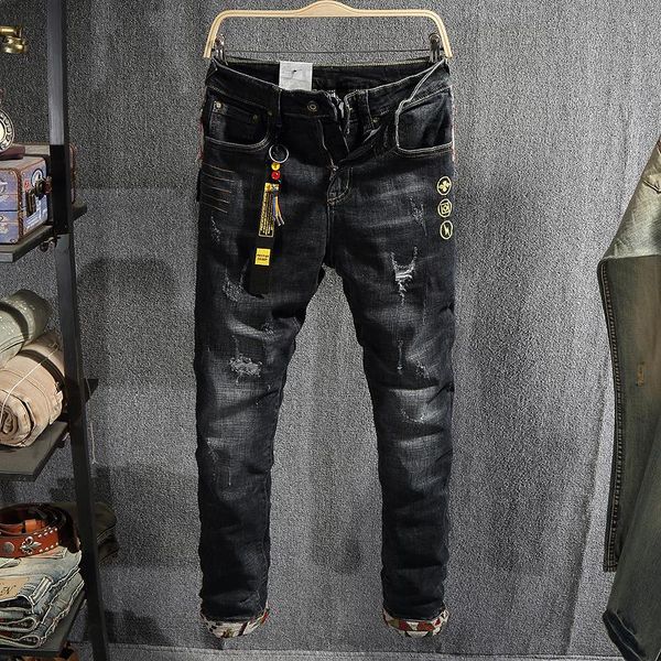 men's jeans japanese vintage fashion men elastic slim ripped street embroidery patchwork designer hip hop denim punk pants, Blue
men's jeans japanese vintage fashion men elastic slim ripped street embroidery patchwork designer hip hop denim punk pants, Blue