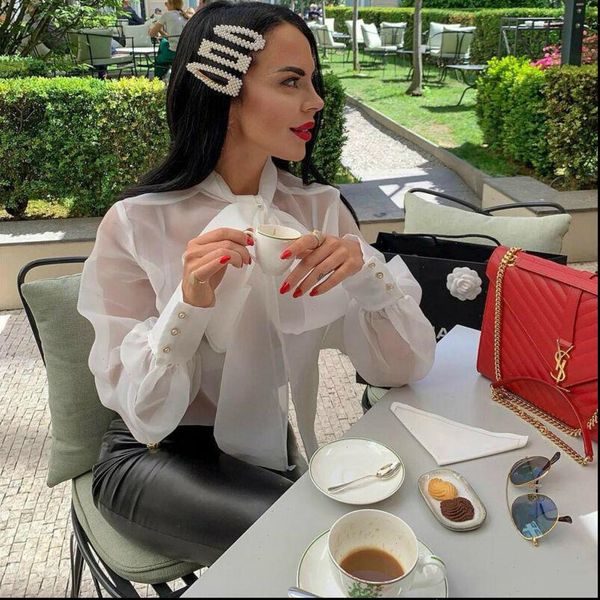 mesh sheer see through womens shirts long sleeve fashion lace up bowknot transparent white