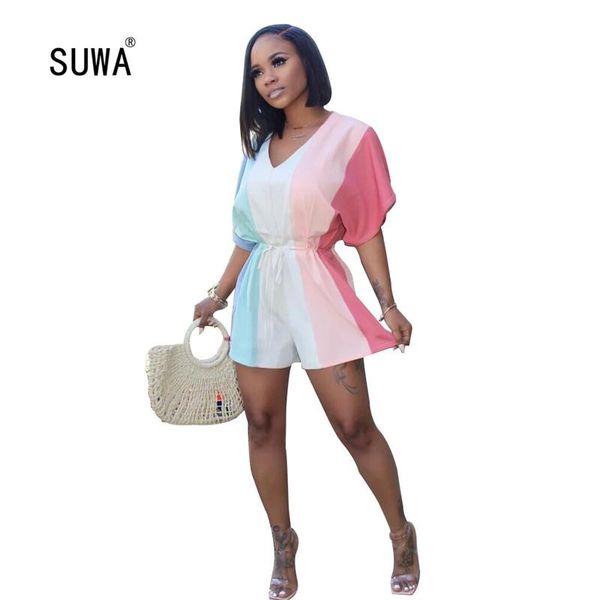rainbow striped print elastic waist loose short jumpsuit office lady summer v neck sleeve casual playsuit women streetwear women's jump, Black;white
rainbow striped print elastic waist loose short jumpsuit office lady summer v neck sleeve casual playsuit women streetwear women's jump, Black;white