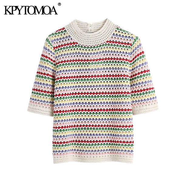 women sweet fashion striped cropped knitted sweater vintage o neck short sleeve pullovers chic 210416, White;black
women sweet fashion striped cropped knitted sweater vintage o neck short sleeve pullovers chic 210416, White;black