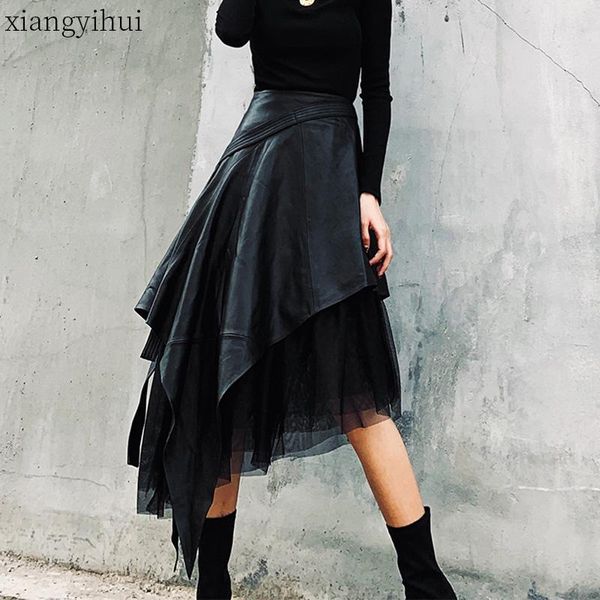 skirts dark punk style black pu spliced women high waist mesh patchwork mid-culf long asymmetrical skirt 2021 quality
skirts dark punk style black pu spliced women high waist mesh patchwork mid-culf long asymmetrical skirt 2021 quality
