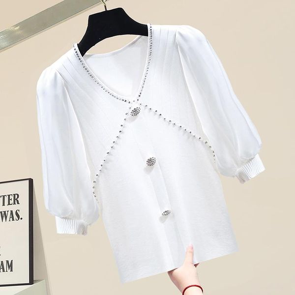women's t-shirt 2021 summer knitted shirt heavy industry lantern sleeve v-neck rhinestone knit thin knitwear loose t-shirts, White
women's t-shirt 2021 summer knitted shirt heavy industry lantern sleeve v-neck rhinestone knit thin knitwear loose t-shirts, White