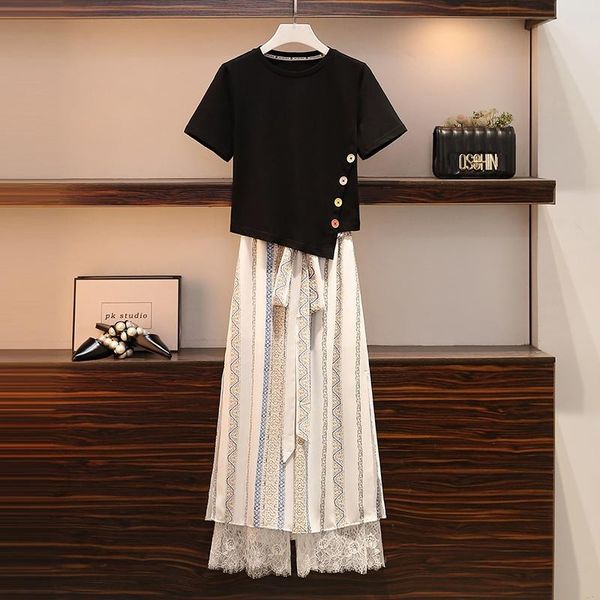 plus size women vintage set summer fashion irregular button t shirt and lace patchwork stretch pants two piece suit big women's, White
plus size women vintage set summer fashion irregular button t shirt and lace patchwork stretch pants two piece suit big women's, White