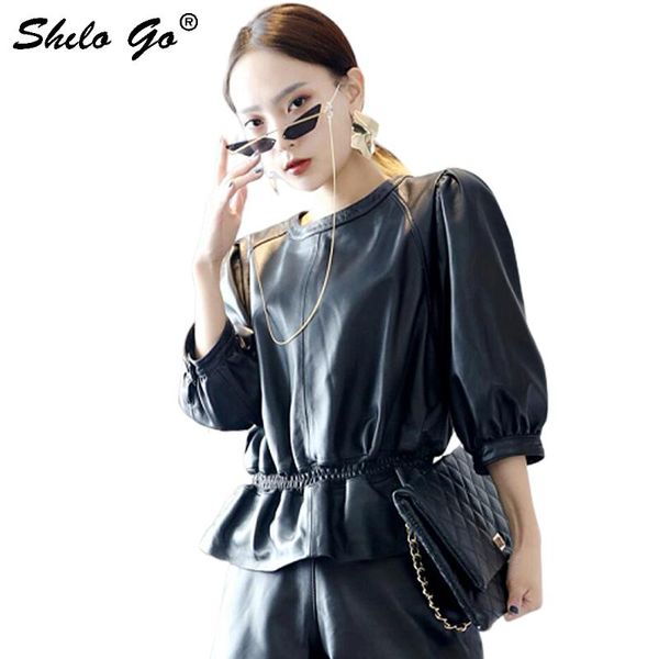 women's jackets genuine leather blouse vintage backless detail ruffles hem peplum o neck bishop sleeve women autumn elegant blouses, Black;brown
women's jackets genuine leather blouse vintage backless detail ruffles hem peplum o neck bishop sleeve women autumn elegant blouses, Black;brown