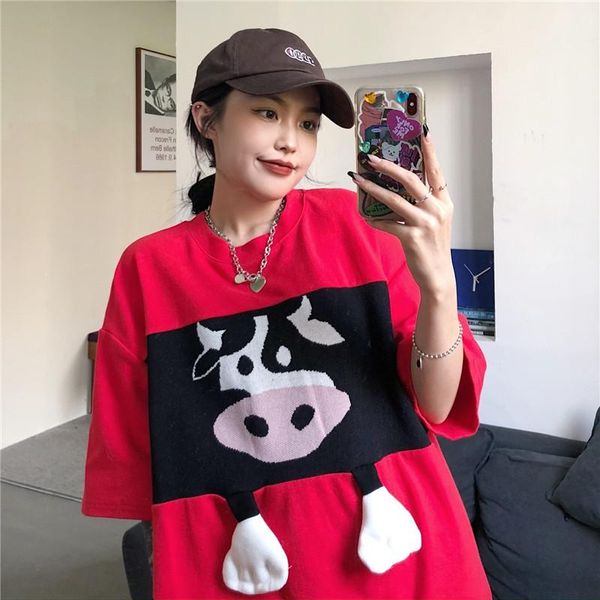 women's t-shirt spring and summer short-sleeved female korean harajuku style cow head three-dimensional patch loose round neck, White
women's t-shirt spring and summer short-sleeved female korean harajuku style cow head three-dimensional patch loose round neck, White