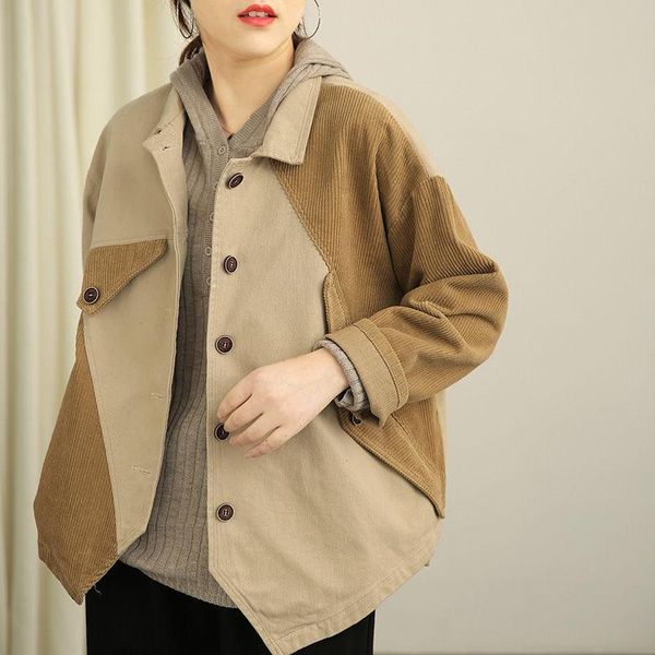 2021spring corduroy stitching color matching loose literary pocket long sleeve shirt short jacket female retro casual coat y1379 women', Black;brown
2021spring corduroy stitching color matching loose literary pocket long sleeve shirt short jacket female retro casual coat y1379 women', Black;brown