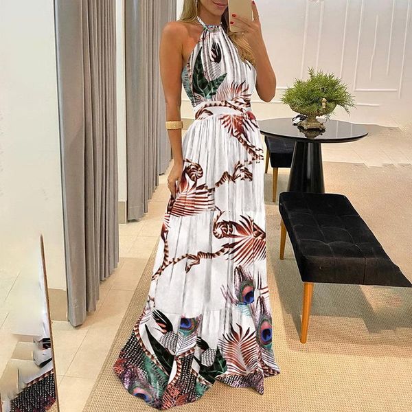 women's swimwear women peacock printed beach dress summer sleeveless halter for vacation bathing 2021, White;black
women's swimwear women peacock printed beach dress summer sleeveless halter for vacation bathing 2021, White;black