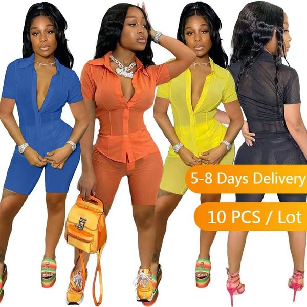 women's tracksuits wholesale items sheer mesh short suits for women streetwear single-breasted t shirt shorts set see-through summer tw, Gray 
women's tracksuits wholesale items sheer mesh short suits for women streetwear single-breasted t shirt shorts set see-through summer tw, Gray