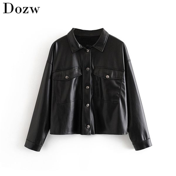 women black faux leather coat jacket atumn winter fashion pockets turn down collar short jackets female streetwear outwear 210515
women black faux leather coat jacket atumn winter fashion pockets turn down collar short jackets female streetwear outwear 210515